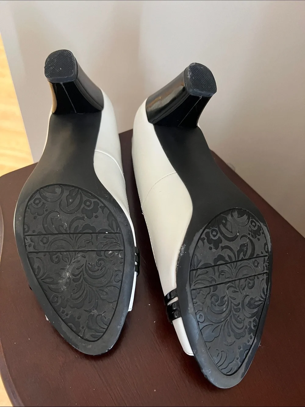 Life Stride White and Black Peep-Toe Heels with Strap Detail - 9.5